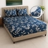 Fara Blue Floral 250 TC Glaze Cotton Fitted Queen Size Bedsheet with 2 Pillow Covers – Threads