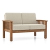 Raynor 2 Seater Wooden Sofa, Finish- Amber Walnut, Fabric- Macadamia Brown