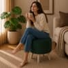 Doe Buck Parker Velvet Round Ottoman Stool in Green Colour with Wooden Legs