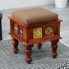 Rangrez Sheesham Wood Seating Stool in Honey Oak Finish with Beige Cushion