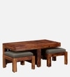 Lifty Sheesham Wood Nesting Coffee Table Set in Provincial Teak Finish With Cushioned Stools