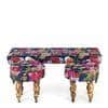 Cairo Sheesham Wood Mid Century Seater Bench Set  2 Stools In Fruit Print Blue Kantha