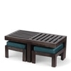 Irish Sheesham Wood Coffee Table With 2 Stools Set In Mahogany Finish & Turquoise Sea Velvet Fabric Cushions