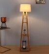 Stool Teak Polish Floor Lamp in Beige Shade