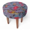 Nayla Sheesham Wood Mid-Century Round Stool in Grey Bird Print Kantha Upholstery