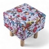 Verona Solid Wood Pouf Stool in Bird Print Grey Kantha Fabric