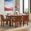 Dane Solid Wood Dining Table 6 Seater with 6 Ludo Upholstered Dining Chairs (Finish: Honey, Colour: Tan Leatherette)