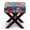 Rosslyn Solid Wood Pouf Stool in Fruit Print Blue Ethnic Kantha fabric