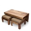 Irish Sheesham Wood Accent Coffee Table Set With 2 Stools In Teak Finish With Jute Beige Cushions