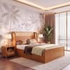 Fiji Wingback Cane and Solid Wood King Size Hydraulic-Storage Bed in Nappa tan Leatherette