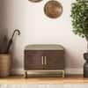 Nina 4 Pairs Solid Wood Shoe Cabinet With Seat In Mango Walnut Finish Taupe Leatherette