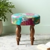 Roswell Sheesham Wood Mid Century Round Set of 2 Stools in Sea Green Fruit Print Kantha Upholstery