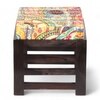 Houston Sheesham Wood Bohemian Set of 2 Stools in Israel Print Patchwork Kantha, Dark Mahogany Finish