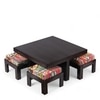 Blane Sheesham Wood Coffee Table With 4 Stools Set In Mahogany Finish & Multi Colour Israel Print Kantha Fabric Cushions