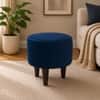 Doe Buck Velvet Round Ottoman Stool in Blue Colour with Wooden Legs