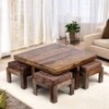 Blane Sheesham Wood 4 Seater Coffee Table Set In Teak Finish Brown Sparkle Velvet Cushion