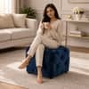 Doe Buck Colchester Velvet Tufted Ottoman Cube in Blue Colour with Wooden Base