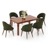 Atlas Solid Wood 6 Seater Compact Dining Table In Honey Finish With 6 Celia Dining Chair in Deep Olive Velvet Fabric
