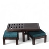 Irish Sheesham Wood Coffee Table With 2 Stools Set In Mahogany Finish & Turquoise Sea Velvet Fabric Cushions