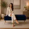 Doe Buck Velvet Tufted Storage Bench in Blue Colour with Gold Legs