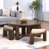 Nashville Sheesham Wood Accent Coffee Table Set With 4 Stools In Provincial Teak Finish With Beige Velvet Cushions