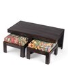Irish Sheesham Wood Coffee Table With 2 Stools Set In Mahogany Finish & Multi Colour Israel Print Kantha Fabric Cushions