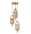 Filo 3 Light Cascade Ceiling Pendant In Brass Finish Metal And Brown Leather With Frosted White Glass Shades