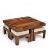Blane Sheesham Wood Accent Coffee Table Set With 4 Stools In Natural Teak Finish
