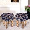 Roswell Sheesham Wood Parisian Round Set of 2 Stools in Blue Jacquard Work Fabric Upholstery