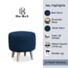Doe Buck Parker Velvet Round Ottoman Stool in Blue Colour with Wooden Legs