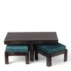 Irish Sheesham Wood Coffee Table With 2 Stools Set In Mahogany Finish & Turquoise Sea Velvet Fabric Cushions