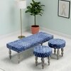 Cairo Sheesham Wood Mid Century 3+1+1 Seater Bench Set With 2 Stools In Indigo Patchwork Kantha