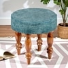 Roswell Sheesham Wood Round Stool in Blue Jacquard Work Fabric Upholstery