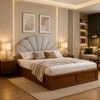 Pankhuri Solid Wood Queen Size Upholstered Bed With Box Storage (Provincial Teak Finish, Grey Colour)