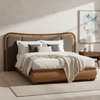 Elowen Softline Queen Size Bed in velvet With Oak wood Frame & Hydraulic Storage