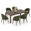 Atlas Solid Wood 6 Seater Dining Table In Danish Walnut Finish with 6 Celia Dining Chair in Deep Olive Velvet Fabric in Dark Teak Finish