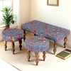 Bestone Sheesham Wood Mid Century 2+1+1 Seater Bench Set With 2 Stools In Grey Brid Print Kantha
