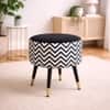 Doe Buck Zik Zak Chevron Printed Ottoman Stool in Black and White Colour with Gold Tipped Legs