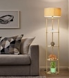 Devan Metal Multiutility Shelf Floor Lamp With Off White Cotton Shade