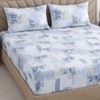 White And Blue Floral Cotton 400 Tc  Fitted  Super King Size Bedsheet With 2 Pillow Covers