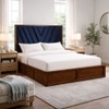 Vedanch Solid Wood Queen Size Upholstered Bed With Hydraulic Storage (Provincial Teak Finish, Royal Blue Colour)