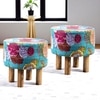 Morgan Acacia Wood Set of 2 Ottoman Pouffees in Sea Green Fruit Print Kantha, Teak Finish