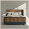 Heritage Cane Upholstered Queen Size Bed in Linen With Oak wood Frame