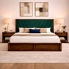 Vedanch Solid Wood Queen Size Upholstered Bed With Hydraulic Storage (Provincial Teak Finish, Teal Colour)