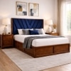 Vedanch Solid Wood Queen Size Upholstered Bed With Box Storage (Provincial Teak Finish, Royal Blue Colour)