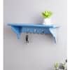 Wooden Wall Shelf with 3 Key Hooks in Blue Colour