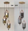 Duo Integrated 3-Light Led Ceiling Pendant In Brass Finish Metal And Brown Leather With Gray Glass Shades
