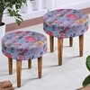 Nayla Sheesham Wood Mid-Century Set of 2 Stools in Grey Bird Print Kantha, Teak Finish