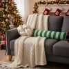 Streaky Knitted Oblong Pillow Cover With Red Pom Poms  Green Natural 35X7 Inches