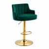 Doe Buck Oliver Adjustable Velvet Bar Stool in Green Colour with Gold Base